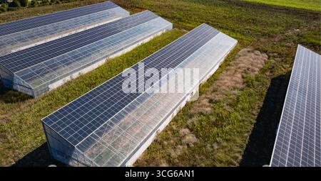 Luftaufnahme moderner Solargewächshäuser mit Photovoltaik-Panels auf Dächern, erneuerbare Energien und nachhaltiges Landwirtschaftskonzept Stockfoto