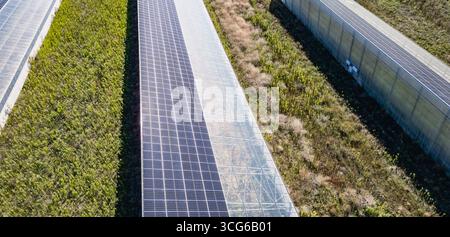 Luftaufnahme moderner Solargewächshäuser mit Photovoltaik-Panels auf Dächern, erneuerbare Energien und nachhaltiges Landwirtschaftskonzept Stockfoto