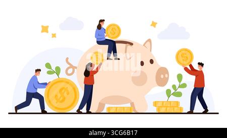 Eine Gruppe von Menschen, die Münzen in eine große Sparkasse stecken, die Spareinlagen, Finanzplanung, Investitionen und Geldmanagement symbolisiert, isoliert auf einer Vektorillustration mit weißem Hintergrund Stock Vektor