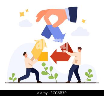 Teamwork und Umweltverantwortung, bei dem Menschen bunte Pfeile halten, die ein Recycling-Symbol bilden, umweltfreundliche Maßnahmen und Vektorillustration für die Abfallwirtschaft fördern Stock Vektor