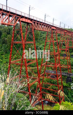 Foto des Makatote Viadukts auf der Westseite des Tongariro Nationalparks in der Nähe von Okahune, Neuseeland, an einem bewölkten Tag. Stockfoto