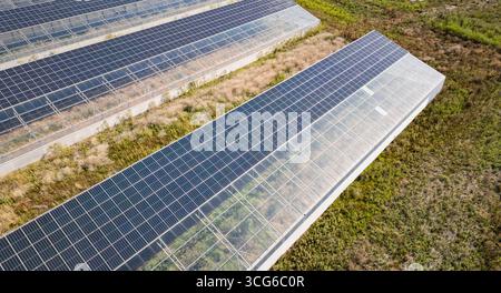Luftaufnahme moderner Solargewächshäuser mit Photovoltaik-Panels auf Dächern, erneuerbare Energien und nachhaltiges Landwirtschaftskonzept Stockfoto