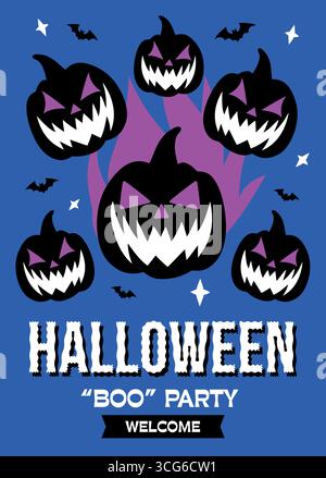 Begleiten Sie uns auf einer gruseligen Halloween-Buh-Party. Hier gibt es Kürbisse, Fledermäuse und Leckereien in Hülle und Fülle Stock Vektor