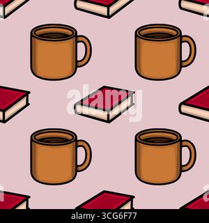 Nahtloses Vektormuster mit einem sich wiederholenden Design aus braunen Kaffeetassen und burgunderroten Büchern, die eine gemütliche und fleißige Atmosphäre schaffen. Stock Vektor