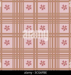 Nahtloses Vektormuster mit stilisierten rosa Blumen auf einem zarten braunen und rosa karierten Hintergrund, mit einem einzigartigen Zusammenspiel von geometrischen Linien und Stock Vektor