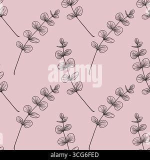Elegantes nahtloses Vektormuster mit zarten schwarzen Eukalyptuszweigen auf einem hellrosa Hintergrund, perfekt für feminine Designs und Textildrucke. Stock Vektor
