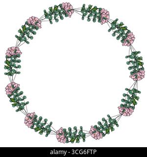 Elegantes Vektor-Blumenkranz Design mit zarten rosa Pfingstrosen und Eukalyptusblättern, perfekt für Einladungen, Karten oder Branding. Stock Vektor