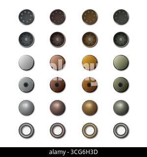 Metallnieten und Ösen Vektorsatz. Realistische Abbildung Von Nähnieten. Mode-Eyelet-Symbol, Design-Vorlagen Für Bekleidung. Metallnieten Stock Vektor