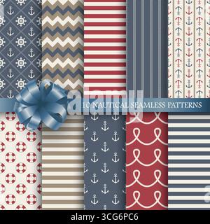 Nautische Nahtlose Muster, Vektor-Set, Marine Themenbezogene Stoffillustration. Anker und Lifebuoy Design. Gestreifter Ozean Mit Hintergrund. Sailor Style Stock Vektor