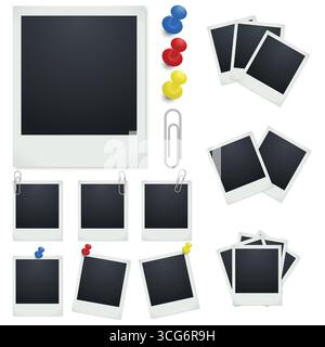 Vektorsatz für Bilderrahmen, Papierclips und Push Pins. Realistische Sofortfotovorlagen. Leeres Bildrahmen-Modell. Bunte Pushpins und Metallclips Stock Vektor
