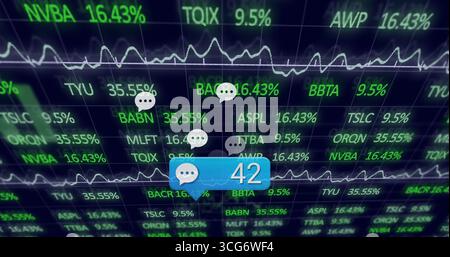 Blaues Benachrichtigungsschild pulsiert in der Trading-Schnittstelle mit Chat-Blasen, Liniendiagrammen und Tickern Stockfoto