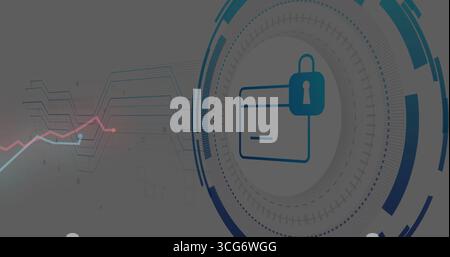Kreditkartensymbol wird mit dem Vorhängeschloss-Symbol in den Datenringen auf der Schnittstelle, Kopierraum angezeigt Stockfoto