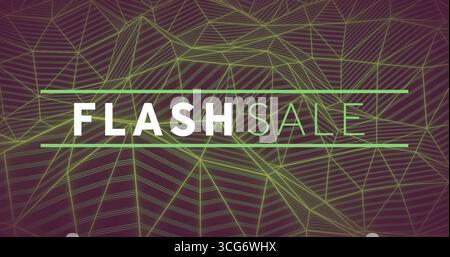 Banner mit Neongitter auf violettem Hintergrund, FLASH-VERKAUFSTEXT und grünen Linien Stockfoto