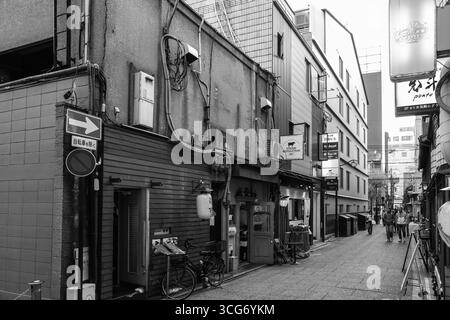 Ein monochromatischer Blick auf eine traditionelle japanische Gasse mit architektonischen Kontrasten und urbanem Charme, Nakagyo Ward, Kyoto, Kansai, Honshu, Japa Stockfoto
