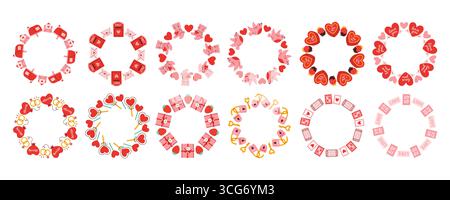 Einfaches Valentinstag-Rahmenset. Runde Kollektion mit Love Motive Border aus verschiedenen Liebesobjekten. Rosa und rote Farben alles Gute zum valentinstag Stock Vektor