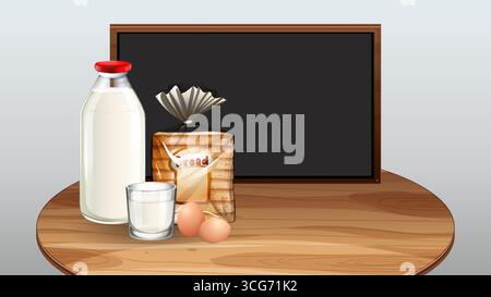 Minimalist vector of milk, bread, and eggs on wooden table with blank blackboard background. Stock Vektor