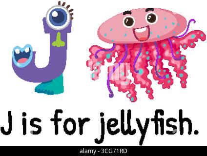 Verspielte Vektor-Illustration des Buchstaben J mit einer lächelnden Comic Qualle in lebhaften Farben. Stock Vektor