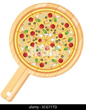 Top-down-Vektor-Illustration der geschnittenen Pizza mit Gemüse, Käse und Peperoni auf Holzbrett. Stock Vektor