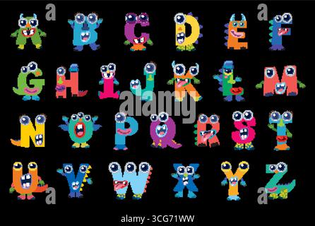 Lebendiges Alphabet mit Monster-Motiv und schrulligen Schriftzeichen, ideal für Bildungs- und Kreativprojekte von Kindern. Stock Vektor
