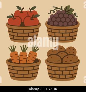 Holzkörbe überlaufen mit frischen Erzeugnissen, darunter rote Tomaten, violette Trauben, Orangen Karotten und Erdkartoffeln. Stock Vektor