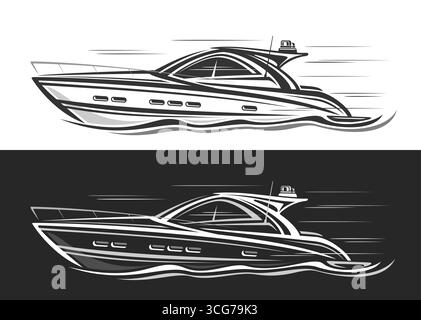 Vektor-Logo für Motorboot, monochrome nautische Banner mit Clipart-Illustration des kompakten eleganten Schnellbootes in Bewegung, Clip-Art von Hand gezeichnetem Runn Stock Vektor