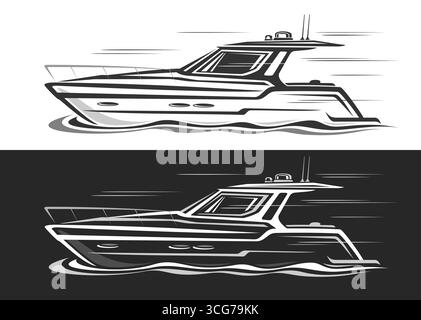 Vektor-Logo für Motorboot, einfarbige nautische Banner mit Umrissdarstellung des kompakten teuren Schnellbootes in Bewegung, handgezeichnetes Kunstwerk von Runn Stock Vektor