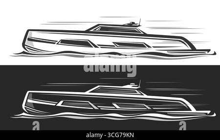 Vektor-Logo für Luxus-Motorboot, monochrome nautische Banner mit Clipart-Illustration des langen Motorbootes in Bewegung, Artwork Clip Art der Navigation Stock Vektor
