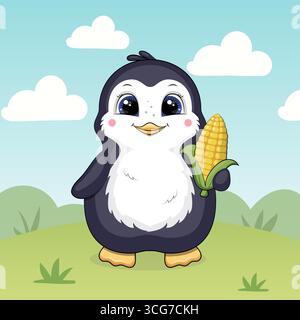 Niedlicher Karikaturpinguin mit einem Mais in der Natur. Vektorillustration des Tieres auf grünem Hintergrund. Stock Vektor
