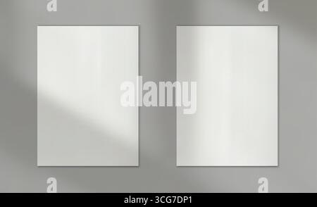 Minimales Vektorposter-Modell mit Fensterschattenüberlagerung. Zwei leere weiße Papierrahmen mit realistisch weichen Schatten bei Tageslicht. Klares Präsentationsdesign. Stock Vektor