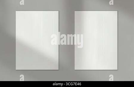Minimales Vektorposter-Modell mit Fensterschattenüberlagerung. Zwei leere weiße Papierrahmen mit realistisch weichen Schatten bei Tageslicht. Klares Präsentationsdesign. Stock Vektor