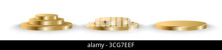 3D Gold Podium Vektor Set mit runden Stufen. Hochwertige Metallsockelkollektion für Produktpräsentationen, Auszeichnungen oder Werbemockups. Stock Vektor