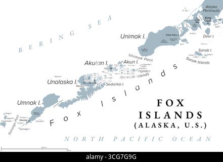 Fox Islands, Alaska, Vereinigte Staaten, politische Karte. Inselgruppe auf den Aleutian Islands, östlich des Samalga Pass und im Westen am nächsten zum US-amerikanischen Festland Stockfoto
