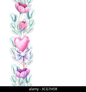 Nahtloser vertikaler Rand von Blumen und Herzen in Pastellfarben. Handgezeichnete Aquarellillustration für festliches Valentinstag-Design. Stockfoto
