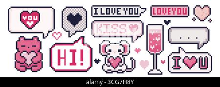 Retro-8-Bit-Kollektion mit Pixeln Valentinstag-Herzen, romantischen Botschaften und niedlichen Tieren - Sprechblasen mit Teddybär und Maus, Liebestext zur Dekoration. Rosafarbene Symbole und Begrüßungselemente. Stock Vektor