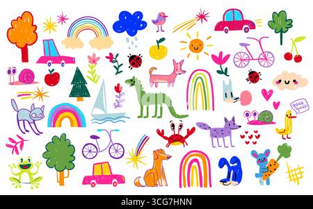 Verspieltes Doodle-Set mit Kinder-Regenbogen-Schulartikeln für Kinder - bunte Tiere und Bäume, Autos und Sonne mit Wolken. Fahrrad und fröhliche Charaktere für Kinderzimmer oder Lehrmaterialien. Stock Vektor