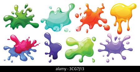 Bunte Schleimblot-Kollektion mit glänzenden Flüssigspritzern und leuchtenden Farbtropfen für Spieldesign. Lebendige Goo-Formen mit tropfenden Effekten. Klebrige Substanzelemente für kreative Inhalte für Kinder. Stock Vektor