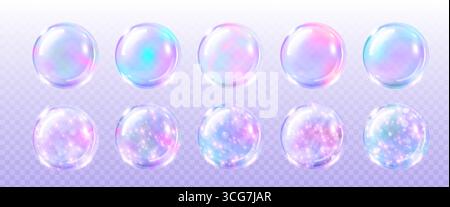 Schillernde, funkelnde Luftblase mit holografischen Regenbogenreflektionen und glänzenden transparenten Kugeln für traumhafte Designs. Schwebende Seifenkugeln mit rosa und blauem Schimmer für Schönheitsprodukte und Fantasy-Grafiken Stock Vektor