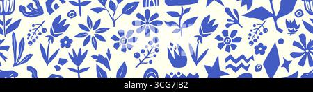 Klassisches Boho-Bio-Cut-out-Muster mit botanischen Silhouetten - blaue Blumen, Blätter, Beeren und dekorative Formen auf weißem BG. Skandinavischer Volkskunst-Stil für oder minimalistisches Textilmuster. Stock Vektor
