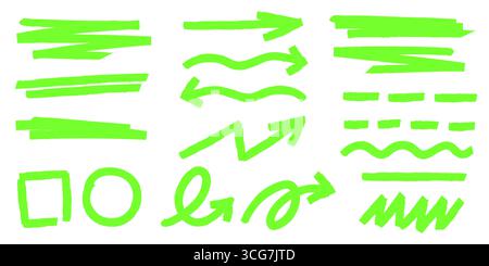 Hellgrüne Hervorhebungskonturen mit Markierungstexturen – Pfeile und Unterstriche, Kreise, Quadrate und wellige Linien auf weißem BG. Handgezeichnete Hervorhebungselemente für Anmerkungen, Notizen oder digitale Designakzente. Stock Vektor