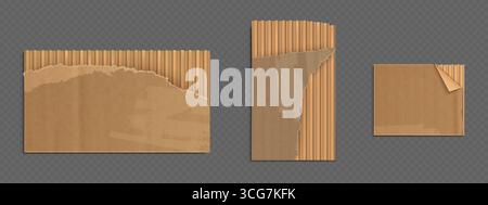 Braune zerrissene Kartonbögen mit gerissenen Kanten und gewellter Textur – recycelte Papierstücke aus beschädigtem Verpackungsmaterial. Realistische Fragmente aus Kraftmaterial für den Versand oder umweltfreundliche Designs. Stock Vektor