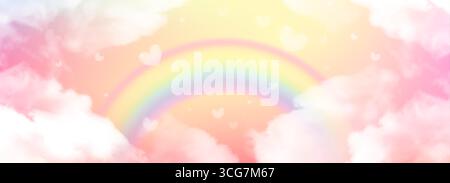Ein Paradies für ein Regenbogenhimmel mit weichem Pastellbogen, der sich durch weiße Wolken schlängelt. Verschwommene Herzen in traumhafter Atmosphäre mit gelbem und rosafarbenem Hintergrund für Fantasy-Kunstwerke. Kindisch weich bg Stock Vektor