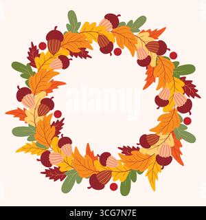 Verzierter Herbstkranz mit Blättern, Eicheln und Beeren. Farbenfroher botanischer Rundrahmen im Herbst. Kreisförmiger Rand aus Eichenblatt mit Kopierraum, Vektor Stock Vektor