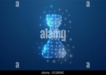 Futuristisches leuchtendes Schachturmstück im polygonalen Netzdesign mit hellen Linien und Punkten auf dunklem Hintergrund Stock Vektor