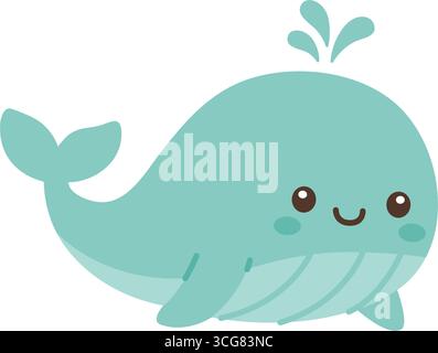 Lächelnder Comicwal mit Bauchtreifen und Wasserspritzer. Flache Vektor-Meerestier-Illustration für Kinder Designs Stock Vektor