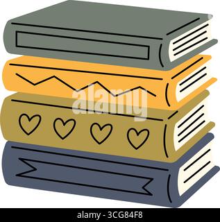 Flache Vektor-Illustration eines Stapels von vier dekorativen Büchern mit Herzen und Mustern auf bunten Covern Stock Vektor
