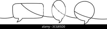 Kontinuierliche Strichkunst mit drei Sprachblasen in verschiedenen Formen. Minimalistischer Umriss von Dialog und Kommunikation Stock Vektor
