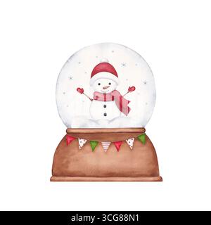 Wasserfarben-Schneekugel mit einem Schneemann. Silvester handgezeichnete Illustration mit niedlichen Schriftzeichen für Karten, Dekor, Geschenke, Souvenirs und mehr. Stockfoto