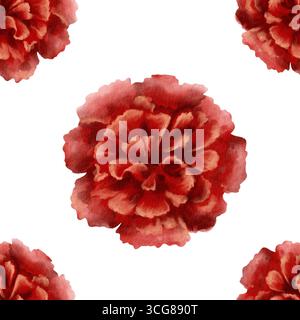 Rote Nelkenblume im nahtlosen Muster als Symbol für Muttertag, Liebe, Leidenschaft, valentinstag-Beichte. Isoliertes Aquarell, handgezeichnet Stockfoto