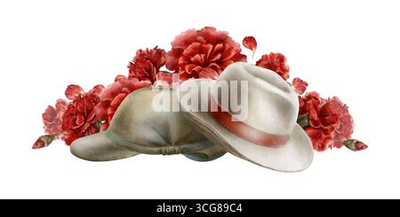 Die Nelkenrevolution von 1974 in Portugal, wo Zivilhut und Soldatenmütze zu Symbolen für die friedliche Flut wurden, entfaltet sich alle in roten Blüten Stockfoto