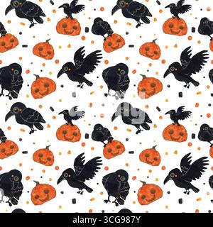 Nahtloses Muster mit Krähen und festlichen Kürbissen unter Konfetti für Halloween. Aquarellillustration handgezeichneter Cartoon. Zeichnung für Textil, für Stockfoto